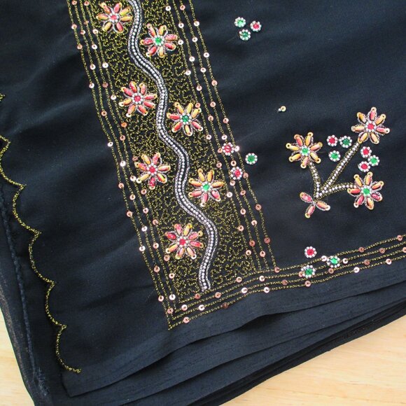 Indian Saree Black Chiffon with Choli Blouse Kundan Beaded Stone Work Vintage - Picture 2 of 11